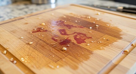 Close-up of a wooden cutting board with stains and remnants of food preparation.