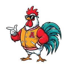 Cool cartoon rooster mascot wearing sunglasses and a yellow varsity jacket. © Vira