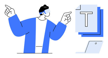 Fototapeta na wymiar Person wearing VR headset gesturing towards virtual text document displays, laptop nearby. Ideal for technology, innovation, remote work, virtual reality, digital transformation, modern workspace