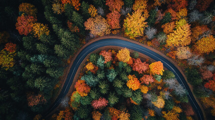 Winding Road Through Vibrant Autumn Forest