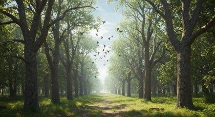 Fototapeta premium A serene forest path lined with tall green trees, bathed in dappled sunlight, with birds flying towards a misty horizon. A peaceful natural landscape.