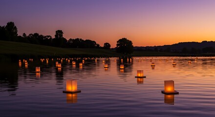 Obraz premium Serene twilight scene with numerous glowing paper lanterns floating on a calm lake, reflecting the vibrant purple and orange sunset sky.