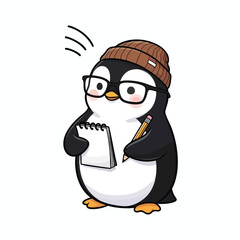 Cute cartoon penguin wearing a brown beanie and black glasses holding a notepad and pencil.