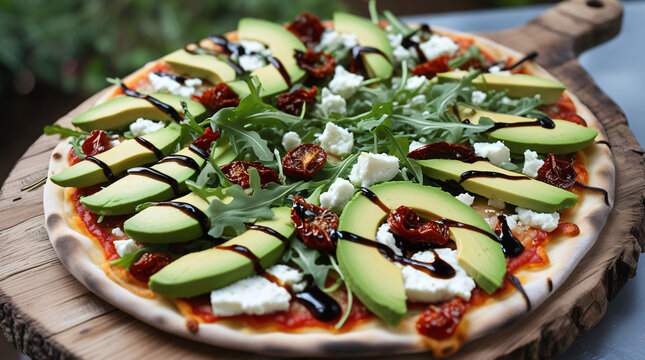 California Gourmet Pizza - A California-style pizza with thin crust topped with avocado slices, goat cheese, arugula, sun-dried tomatoes