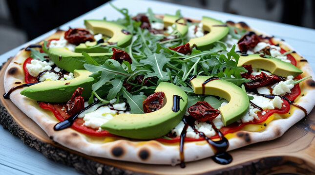 California Gourmet Pizza - A California-style pizza with thin crust topped with avocado slices, goat cheese, arugula, sun-dried tomatoes