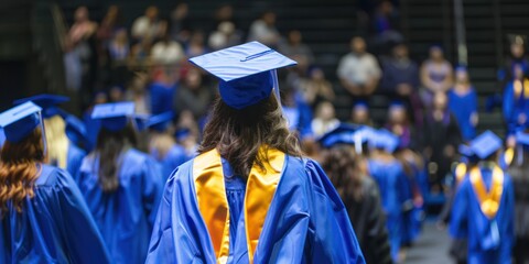 A young woman in a blue graduation gown walks down a stage at a graduation ceremony.