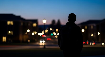 Silhouette against twilight's canvas, urban nightscape unfolds softly
