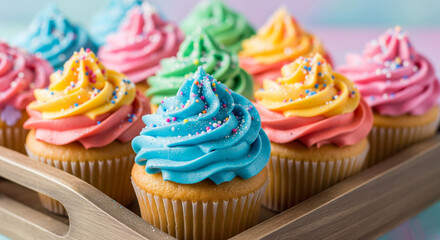A close up of a tray of colorful cupcakes with frosting and sprinkles in various pastel shades neatly arranged