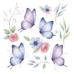 Delicate watercolor butterflies and floral elements for enchanting designs and invitations isolated on transparent background