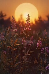 Obraz premium Wildflowers in bloom at sunset with large sun and silhouette trees image