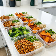 Meal prep containers filled with healthy foods including chickpeas broccoli and sweet potatoes arranged