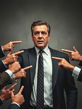 Many fingers pointing at one guilty businessman