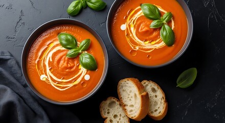 Delicious Tomato Soup with Basil and Bread.