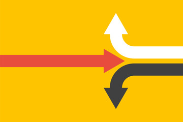 red arrow split counter arrows to different sides, big leader vector concept, yellow background illustration