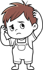 Obraz premium Cartoon Boy with Confused Expression in Bib Overalls