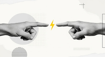 Creative Tension Halftone Hands Reaching Across Abstraction Sparks of Inspiration Connection and Innovation in Graphic