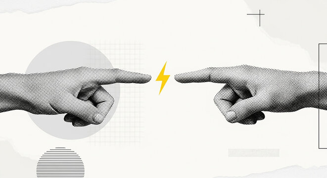 Creative Tension Halftone Hands Reaching Across Abstraction Sparks of Inspiration Connection and Innovation in Graphic