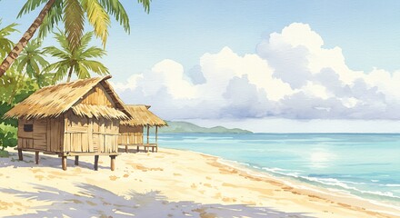 Fototapeta premium Watercolor painting of a serene tropical beach with traditional thatched huts, swaying palm trees, and a calm turquoise ocean under a cloudy sky. Ideal for relaxation and travel...