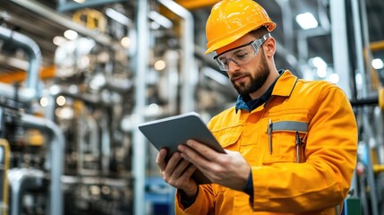 A focused worker in an orange safety suit uses a tablet in a modern industrial environment, showcasing the blend of technology and manual labor in today's factories.