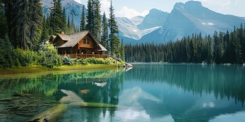 Fototapeta premium A serene, tranquil mountain cabin nestled by a calm, crystal-clear lake, surrounded by lush greenery and towering evergreen trees, 