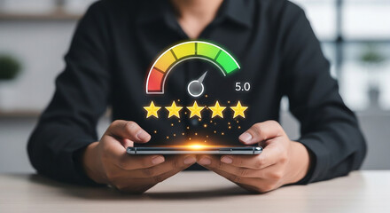 Five Star Rating Customer Satisfaction Mobile Feedback Review Score Top Performance Business Experience Excellent