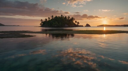 Tropical island at sunset with calm water reflections sunrise ocean