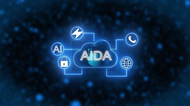 Blue Neon Cloud Network Animation with AIDA,  Computing Icons, Secure Data Connection, Digital Background Grid, Technology Communication and Futuristic Cyber System Design.