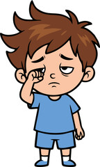 Cartoon Boy with Sleepy Expression Rubbing His Eye in Blue Outfit