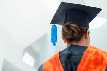 Back view of graduates celebrating their college graduation with pride and joy on graduation day. Congratulations.
