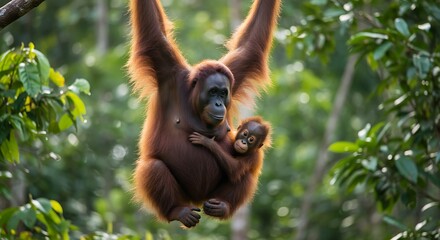 An adorable orangutan mother hangs from a tree branch, tenderly cradling her baby in the lush green rainforest. A beautiful moment of wildlife and maternal bond.