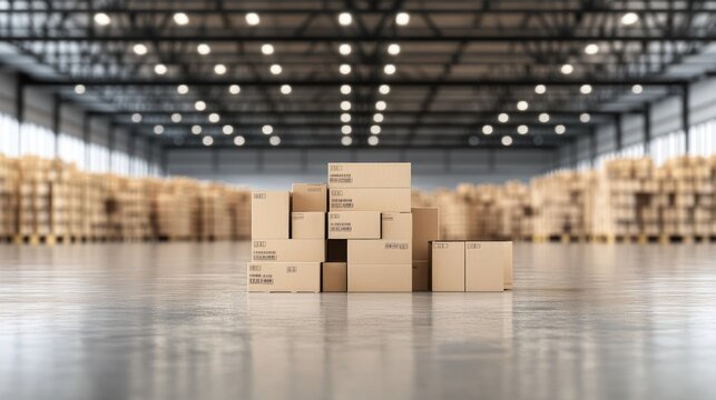 A neatly stacked group of cardboard boxes in a spacious warehouse. The well-lit environment showcases organized logistics, reflecting efficiency in storage and distribution.