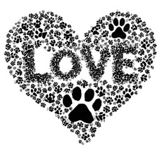 Heart shape made from black animal paw prints with the word love.