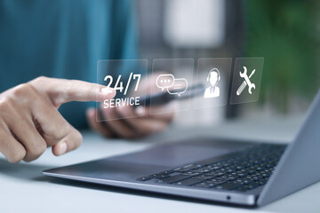 Customer service, nonstop service concept. call center 24 hours support services, care and consulting client 24hr. Businessman with virtual icon.
