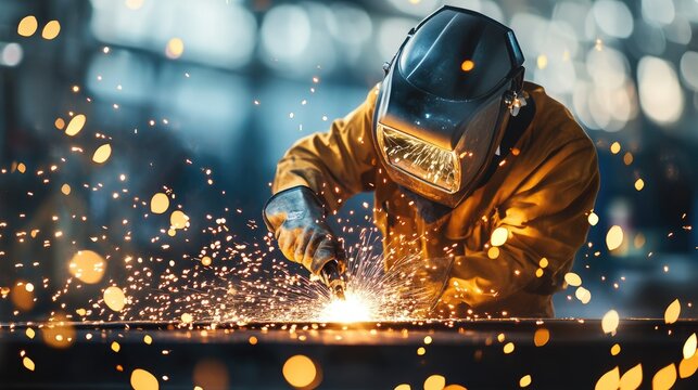 A skilled welder in protective gear diligently works on a metal piece, creating sparks in a well-lit workshop