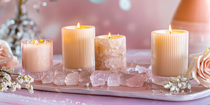 Warm glowing candles on a decorative tray with soft pink roses and delicate blossoms, creating a serene ambiance.