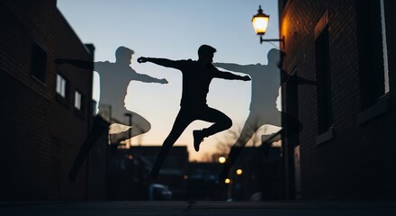 Dynamic silhouette of a male dancer leaping against a twilight backdrop.