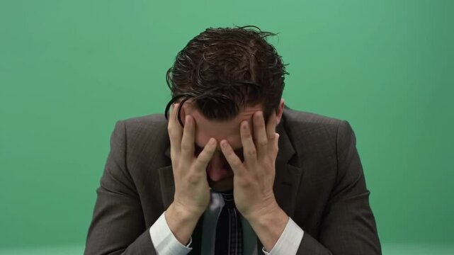 Frustrated businessman experiencing a mental breakdown after a setback in a modern office setting, feeling stressed and overwhelmed by financial pressures and corporate struggles
