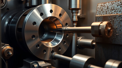 industrial metal work bore machining process by cutting tool on automated lathe
