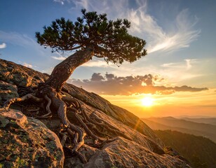 Majestic pine tree at sunset over mountains