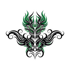 Symmetrical tribal tattoo design of a fantasy demon head with glowing green eyes and flames.