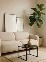 Two mockup poster frames in a serene Scandinavian-style living room with a beige rounded sofa, black metal-frame coffee table, light textured rug, and fiddle-leaf fig plant