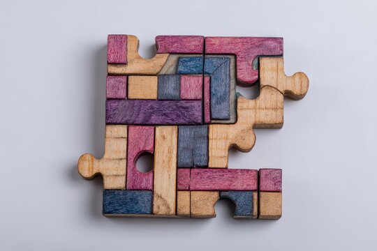 Colorful wooden puzzle pieces interlocking, abstract design