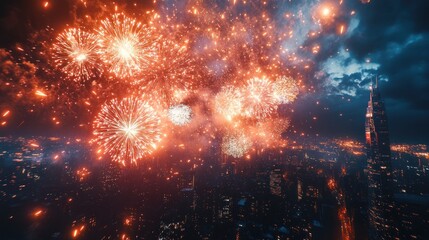 Spectacular Fireworks Display Over City Skyline at Night
