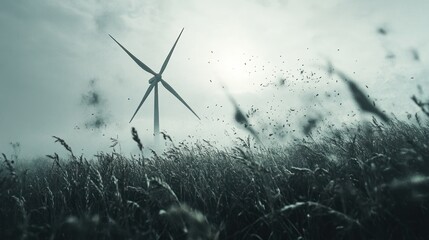 Wind Turbine in Misty Field: A Vision of Green Energy