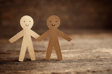Two paper cutouts, light and dark brown, holding hands on a wooden surface