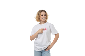 Woman smiles, points to pink ribbon, isolated on white, PNG