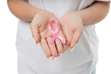 Hands hold a pink ribbon for support, isolated on white, PNG