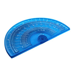 A bright blue plastic protractor,  semi-circular,  with  graduated markings