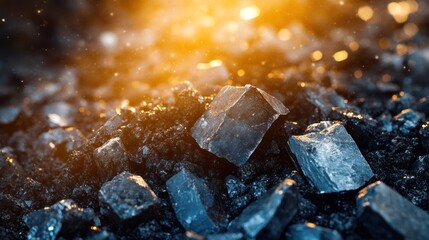 Illuminated Coal Pile: A Close-Up View of Dark, Rough-Textured Coal Rocks Glowing Under a Warm Light