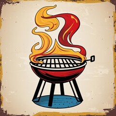 Vibrant Retro BBQ Grill with Dynamic Flames Ready for Your Outdoor Summer Cookout